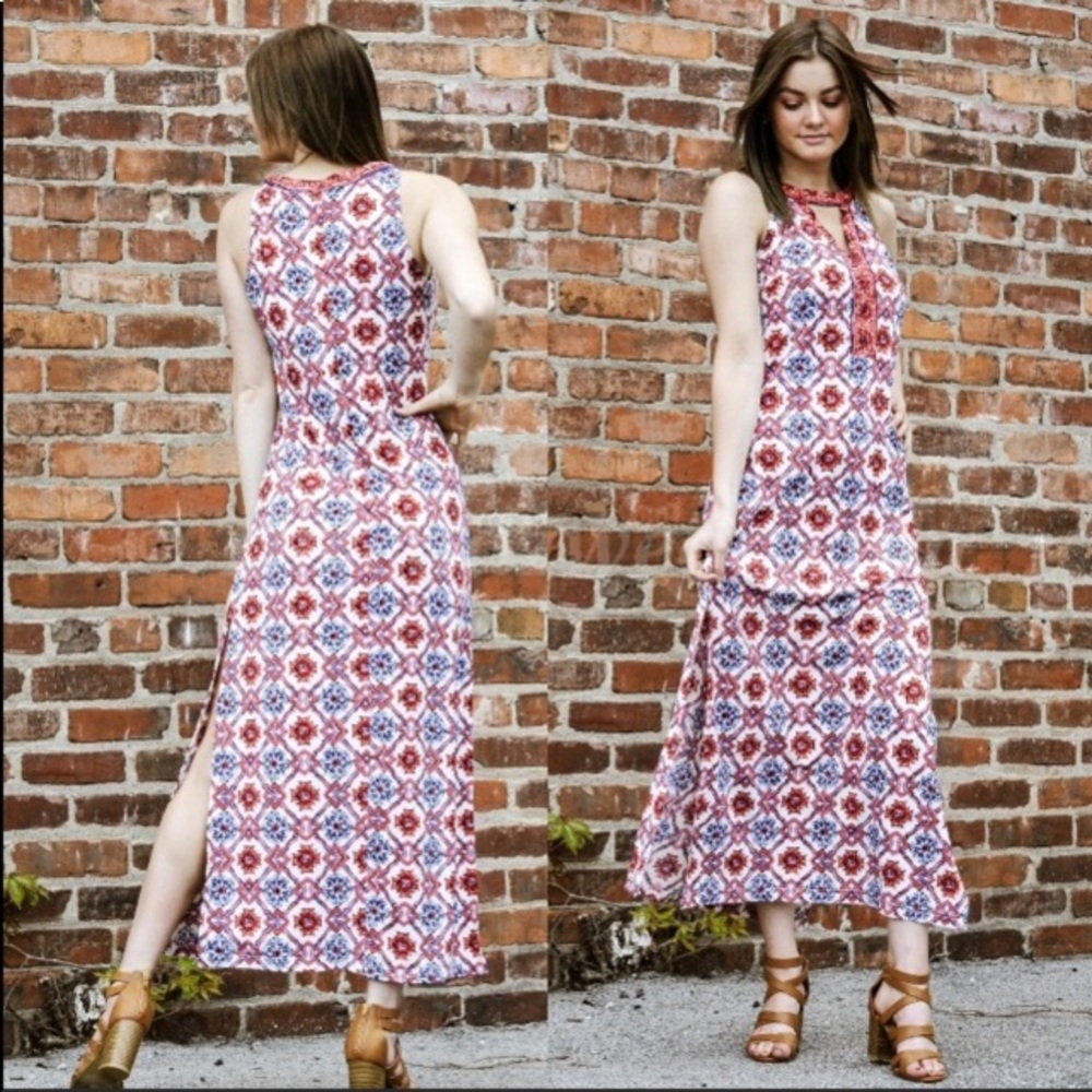 Red/Blue Geometric Sleeveless Maxi Dress - Picture 2 of 3